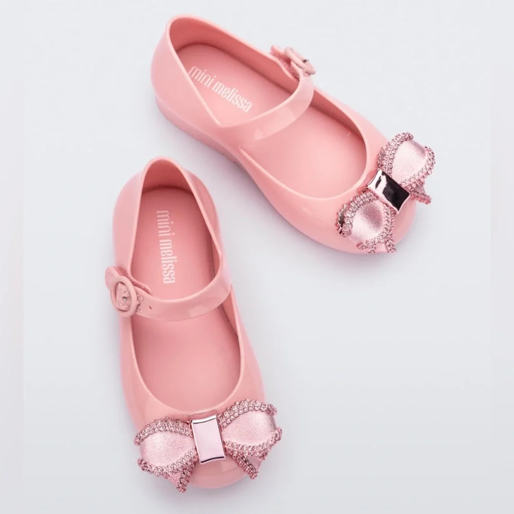 Mini Melissa Sweet Love Dress Shoes with Bow in metallic pink